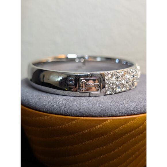 FOSSIL Silver Tone Rhinestone Encrusted Hinged Oval Bangle Bracelet - Picture 4 of 10
